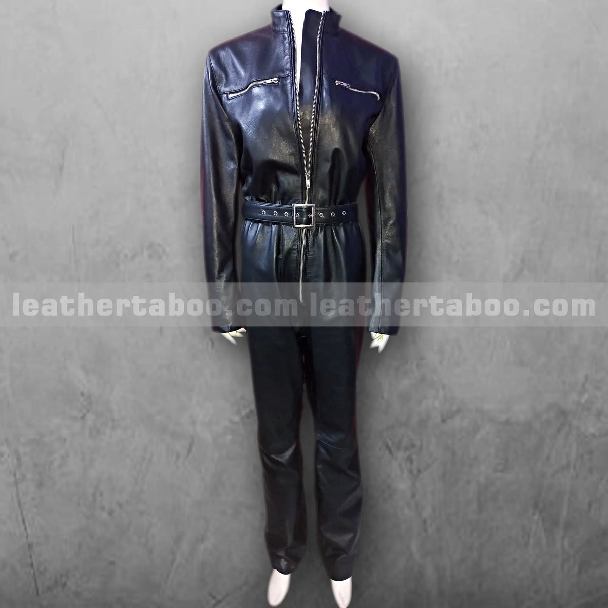 Women's Black Leather Catsuit – Sheepskin Full Body Jumpsuit with Belted Waist, Front Zipper & Chest Zip Pockets - Leather taboo