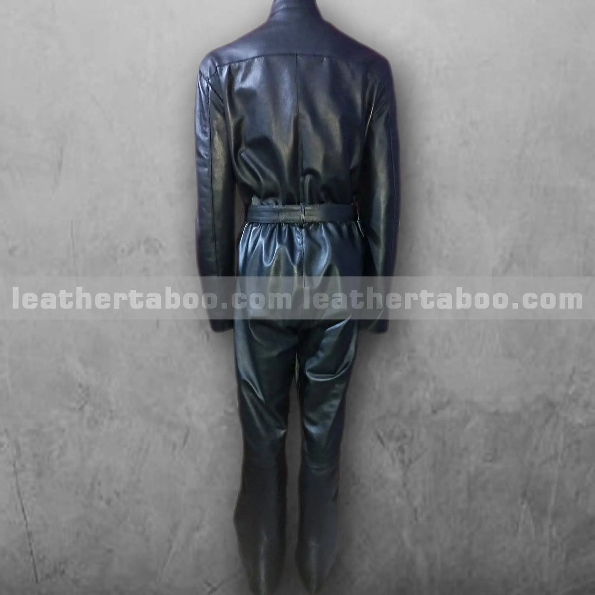 Women's Black Leather Catsuit – Sheepskin Full Body Jumpsuit with Belted Waist, Front Zipper & Chest Zip Pockets - Leather taboo