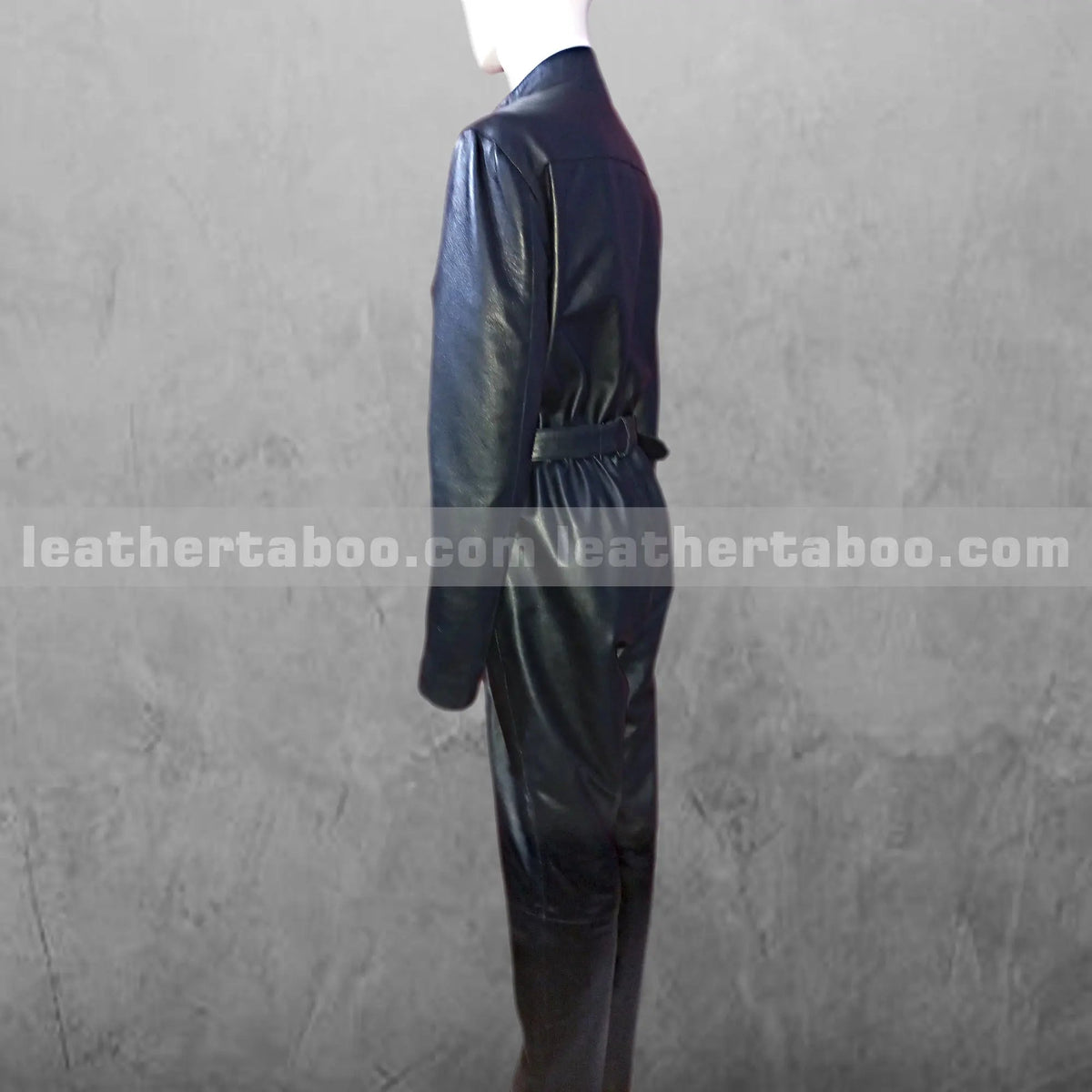 Women's Black Leather Catsuit – Sheepskin Full Body Jumpsuit with Belted Waist, Front Zipper & Chest Zip Pockets - Leather taboo