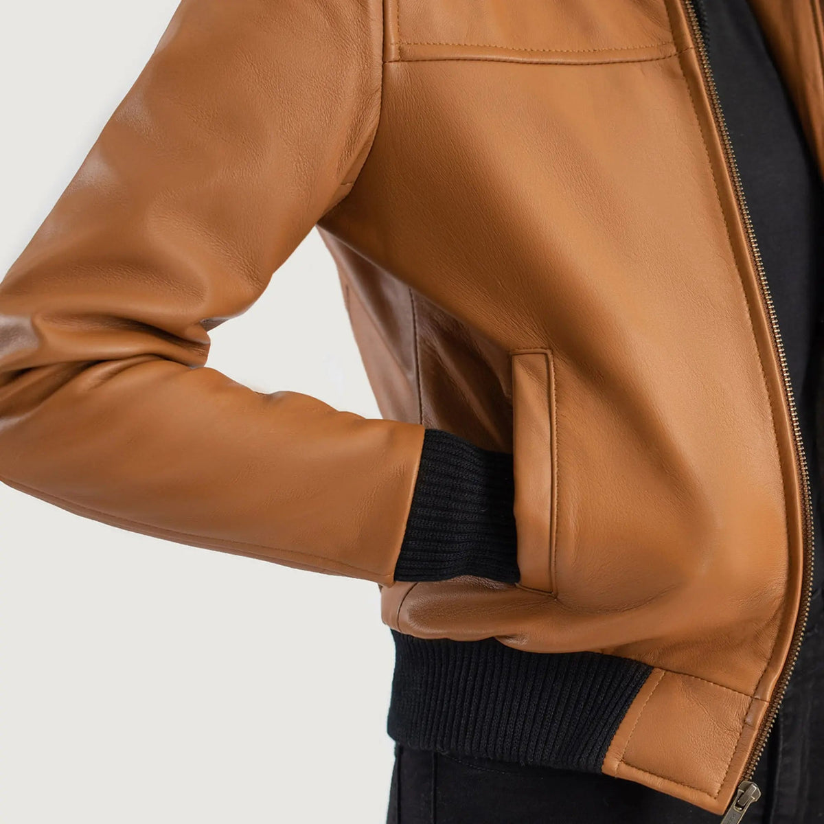 Rebella Brown Hooded Leather Bomber Jacket Urban Warm Style, hood detail