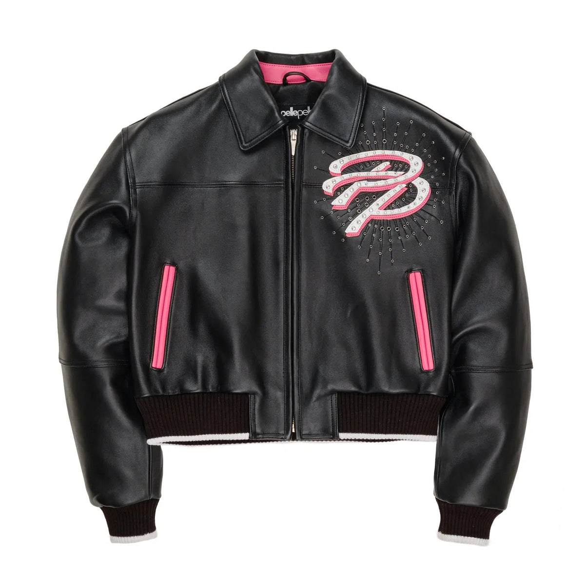 Women’s Black Cowhide Leather Jacket with Pink Accents, front view