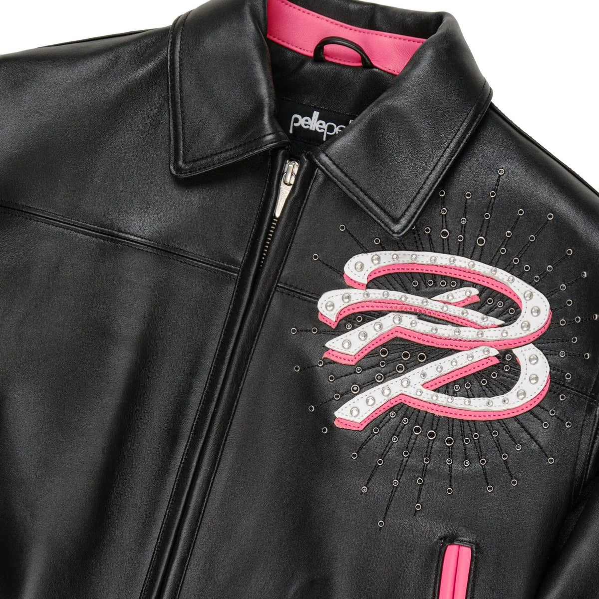 Women’s Black Cowhide Leather Jacket with Pink Accents, back view