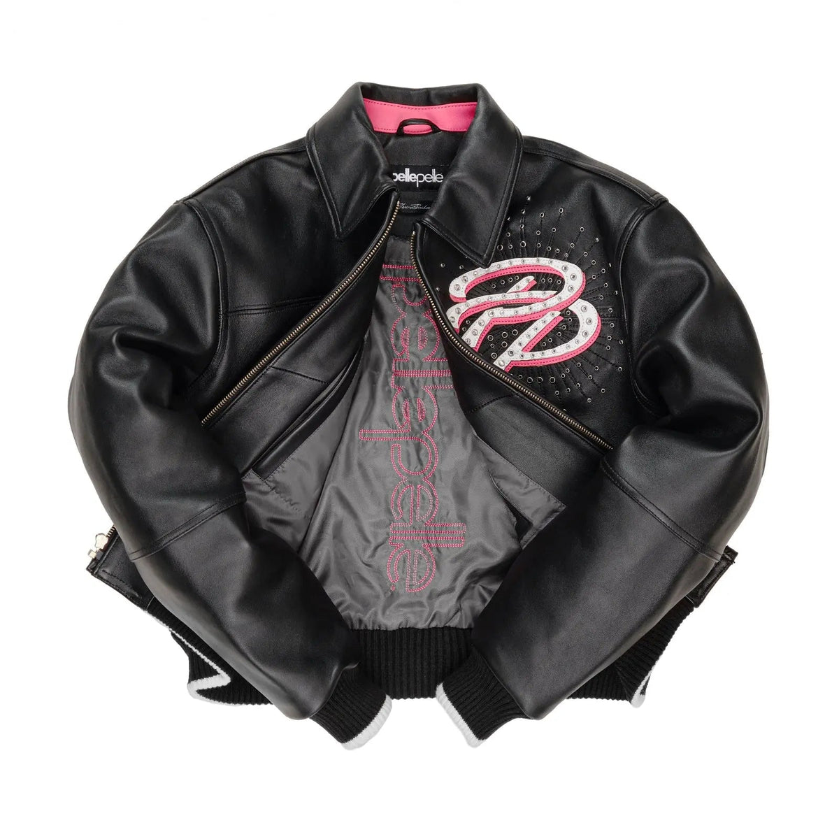 Women’s Black Cowhide Leather Jacket with Pink Accents, side view