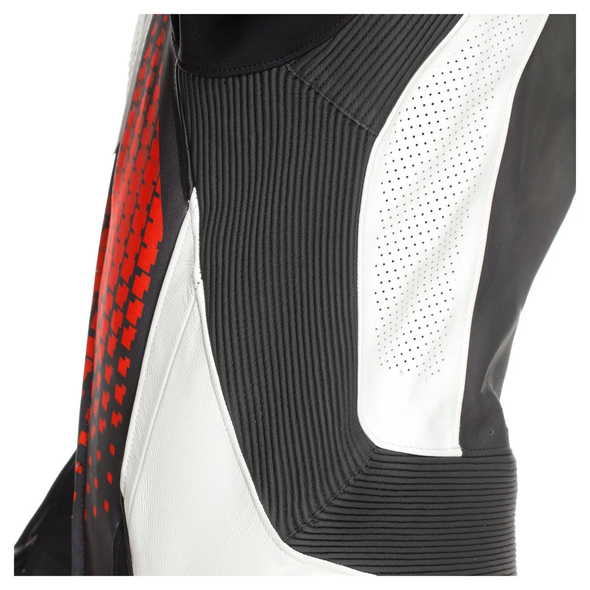 Dainese motorcycle racing suit featuring CE armor padding and aerodynamic biker styling in black white red.