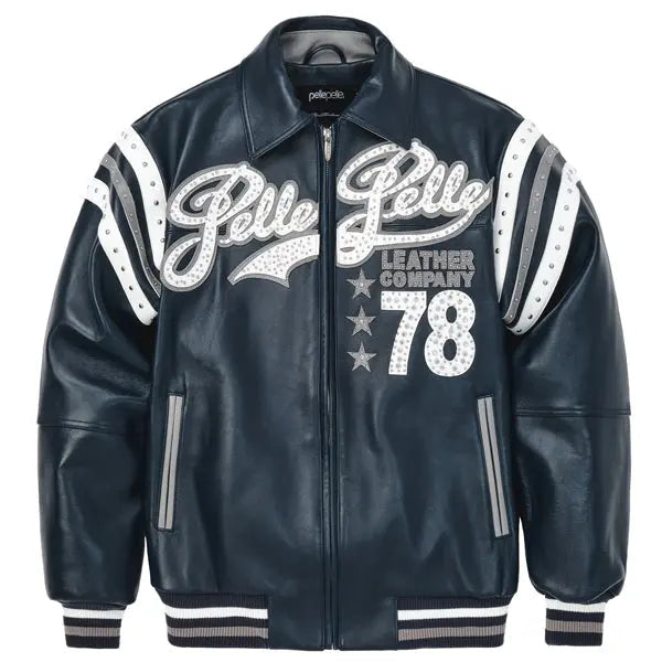 Men's Pelle Pelle Navy Blue Varsity Jacket – Premium Cowhide Leather with Crystal Studded Logo & Striped Sleeves - Leather taboo