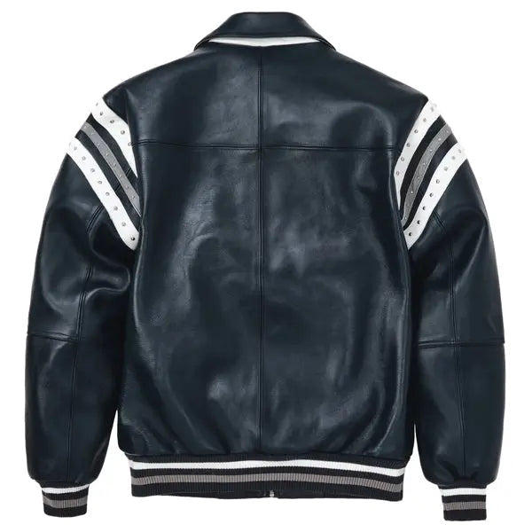Men's Pelle Pelle Navy Blue Varsity Jacket – Premium Cowhide Leather with Crystal Studded Logo & Striped Sleeves - Leather taboo