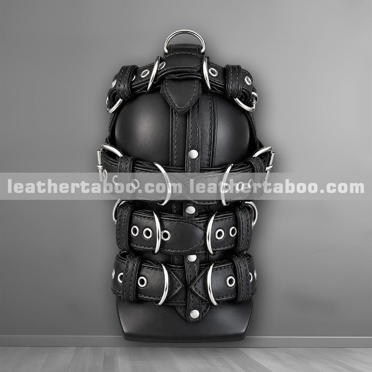 Genuine leather hood mask side view with adjustable buckle straps, D-rings and rivets by Leather Taboo