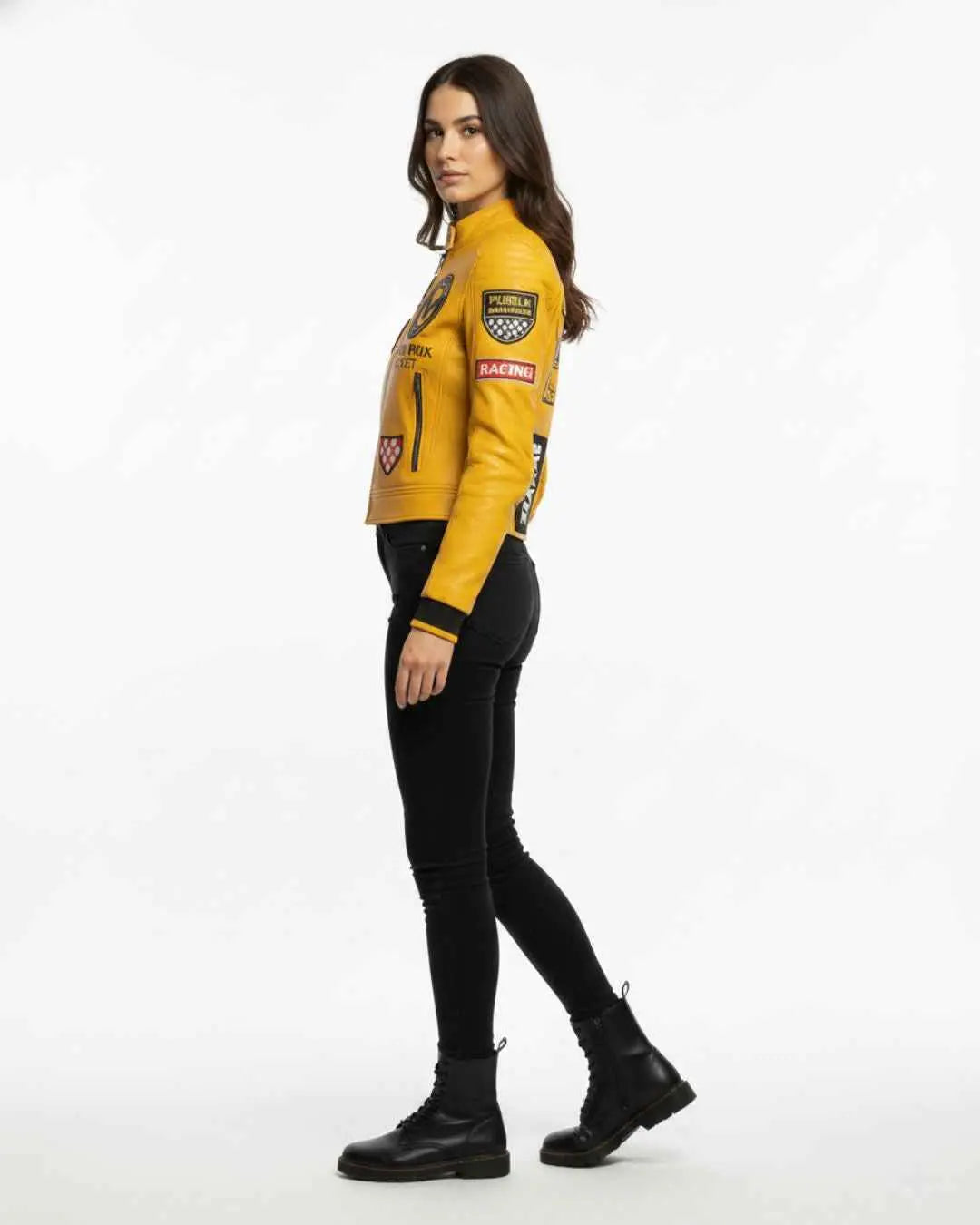 Women’s Mustard Yellow Special Forces Moto Leather Jacket, side view