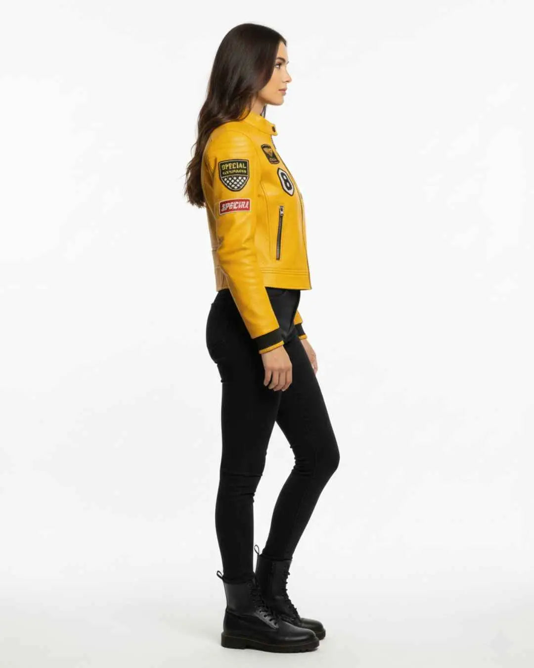 Women’s Mustard Yellow Special Forces Moto Leather Jacket, front view