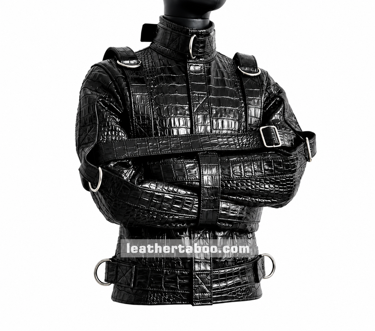 Front view of a handmade black crocodile-embossed genuine leather straitjacket with crossed restraint sleeves, silver buckles and collar.