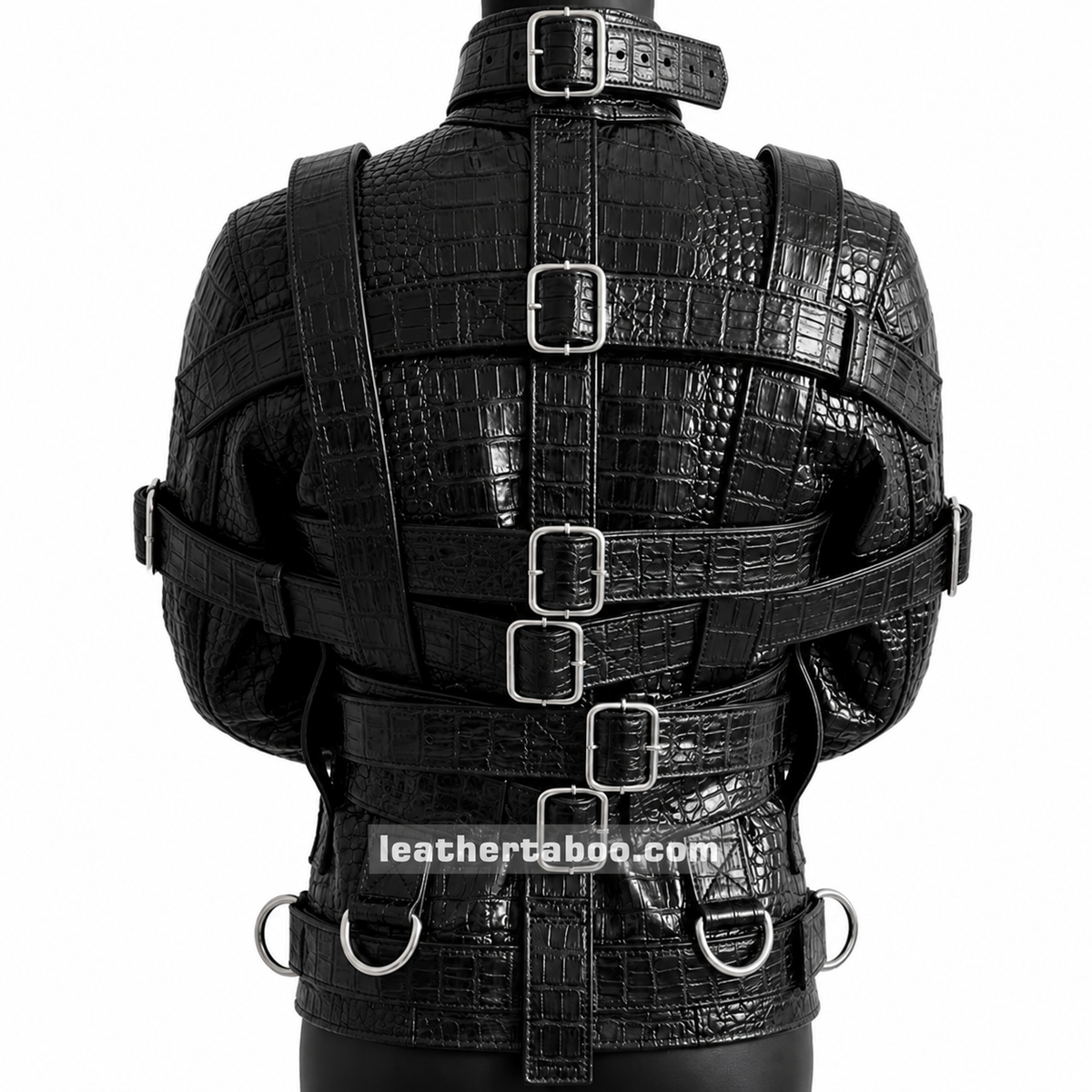 Back view of a handmade black crocodile-embossed genuine leather straitjacket showing layered buckle straps, D-rings and adjustable waist belt.