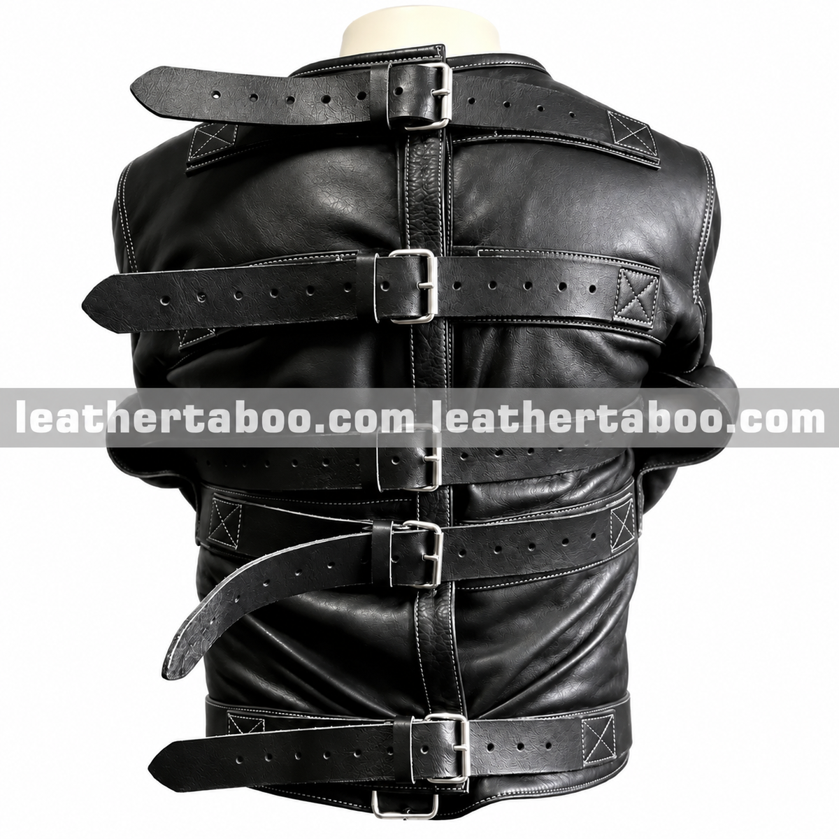 Back view of a black genuine leather straitjacket with wide buckle straps, stitched reinforcement tabs and a fitted high collar.