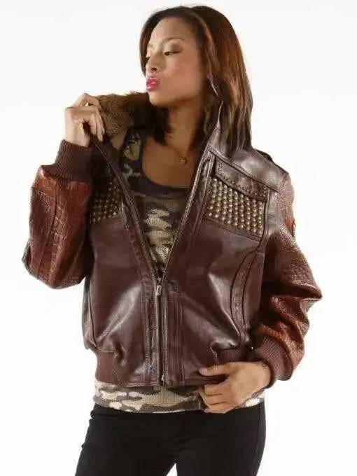 Ladies Bomber Brown Leather Jacket, back view