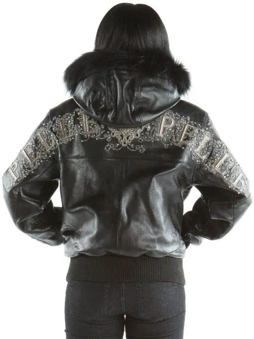 Women’s Embellished Designer Black Cowhide Leather Jacket with Fur Collar, collar detail