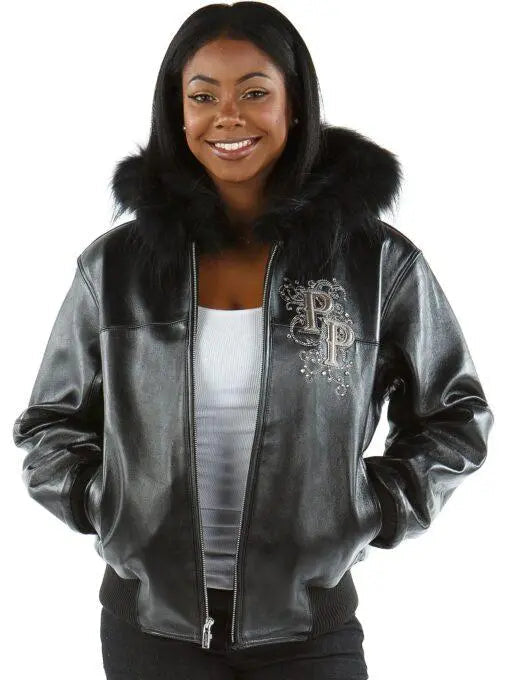 Women’s Embellished Designer Black Cowhide Leather Jacket with Fur Collar, collar detail 2