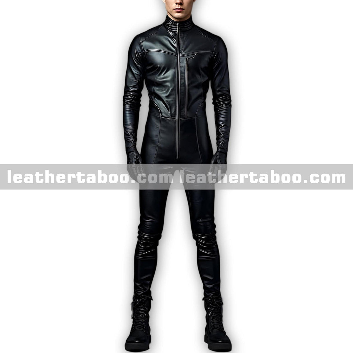 Front view of men's black sheepskin leather jumpsuit with full-length zipper, stand collar and dual stripe chest piping
