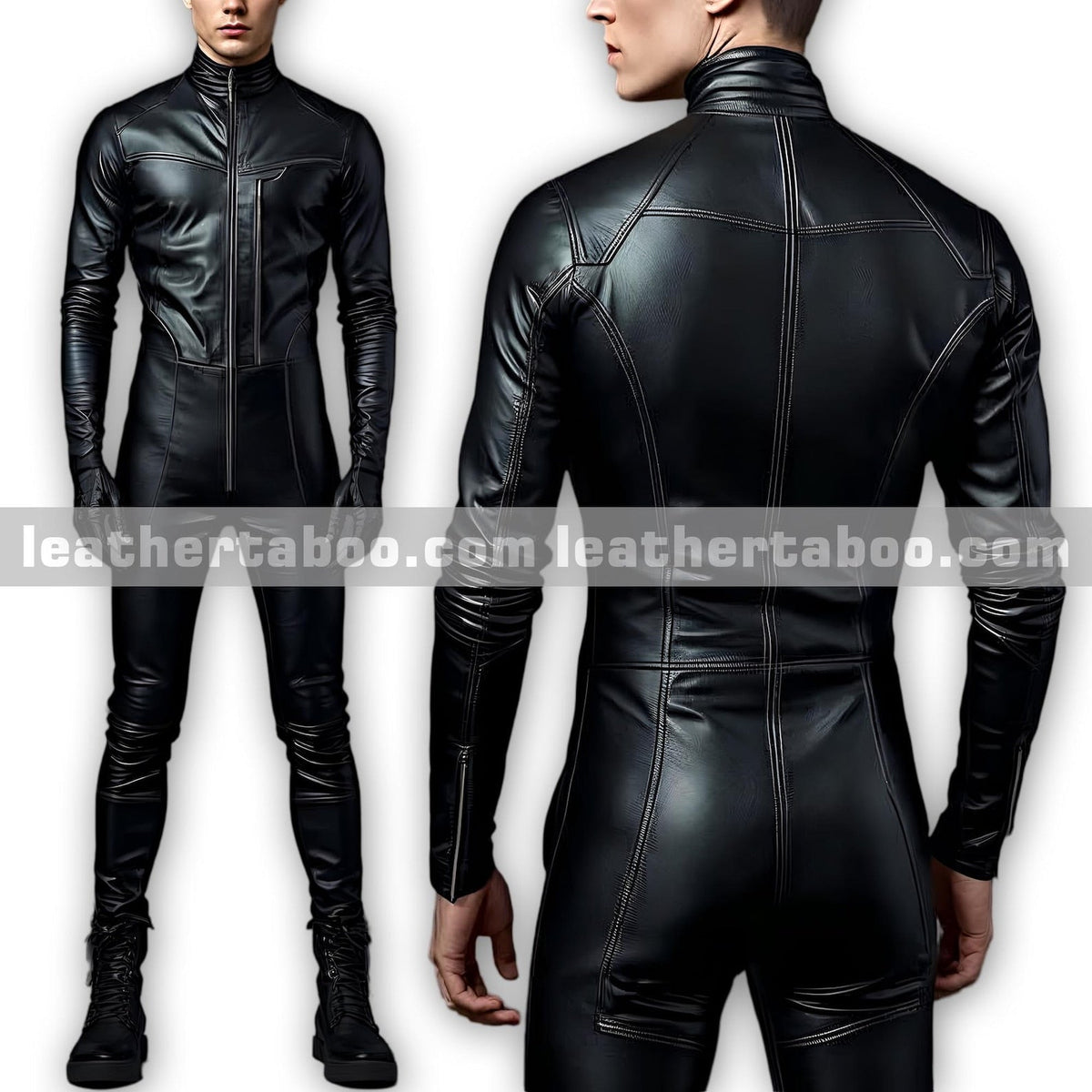 Back view of men's black sheepskin leather jumpsuit showing dual stripe piping along shoulders, spine and legs by Leather Tabo