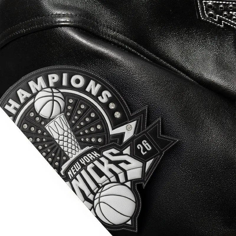 City of Knicks Women's Black Leather Jacket, patch detail