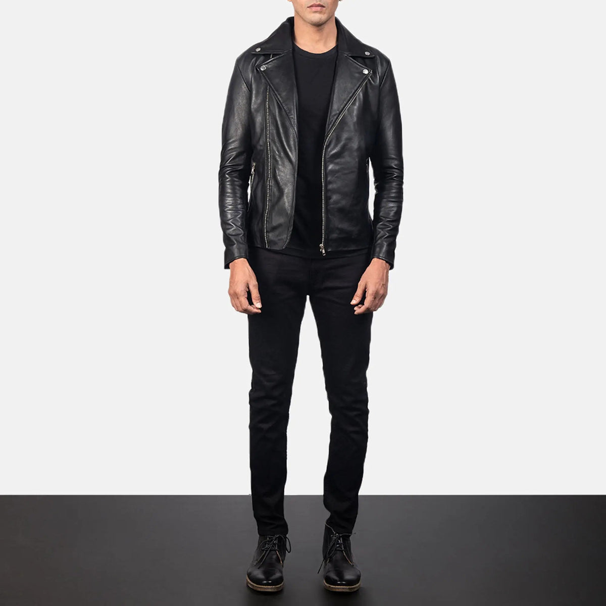 Noah black leather biker jacket front view