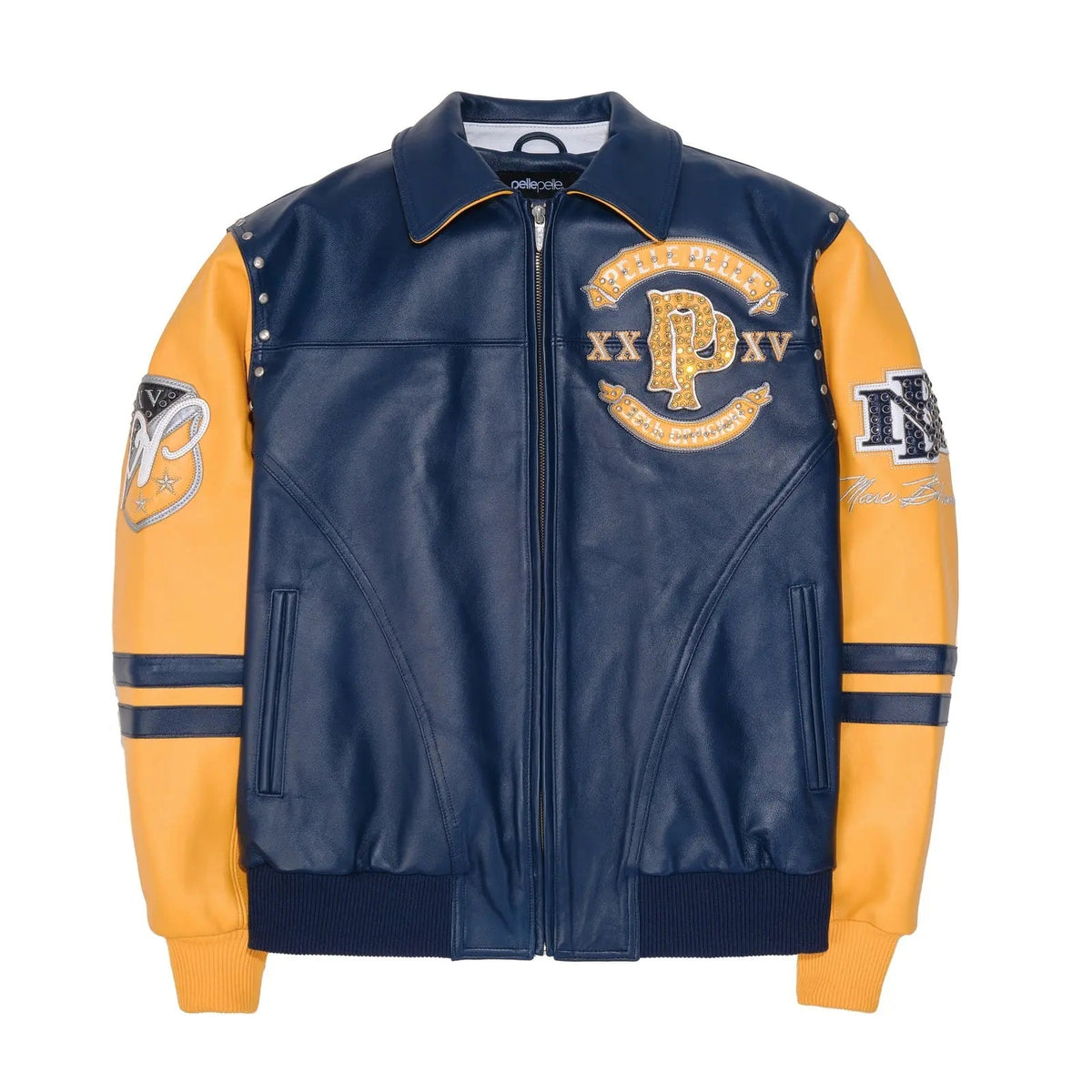 Pelle Pelle Panther Varsity Jacket for Men – Premium Cowhide Leather in Navy & Yellow with Embroidered Patchwork - Leather taboo