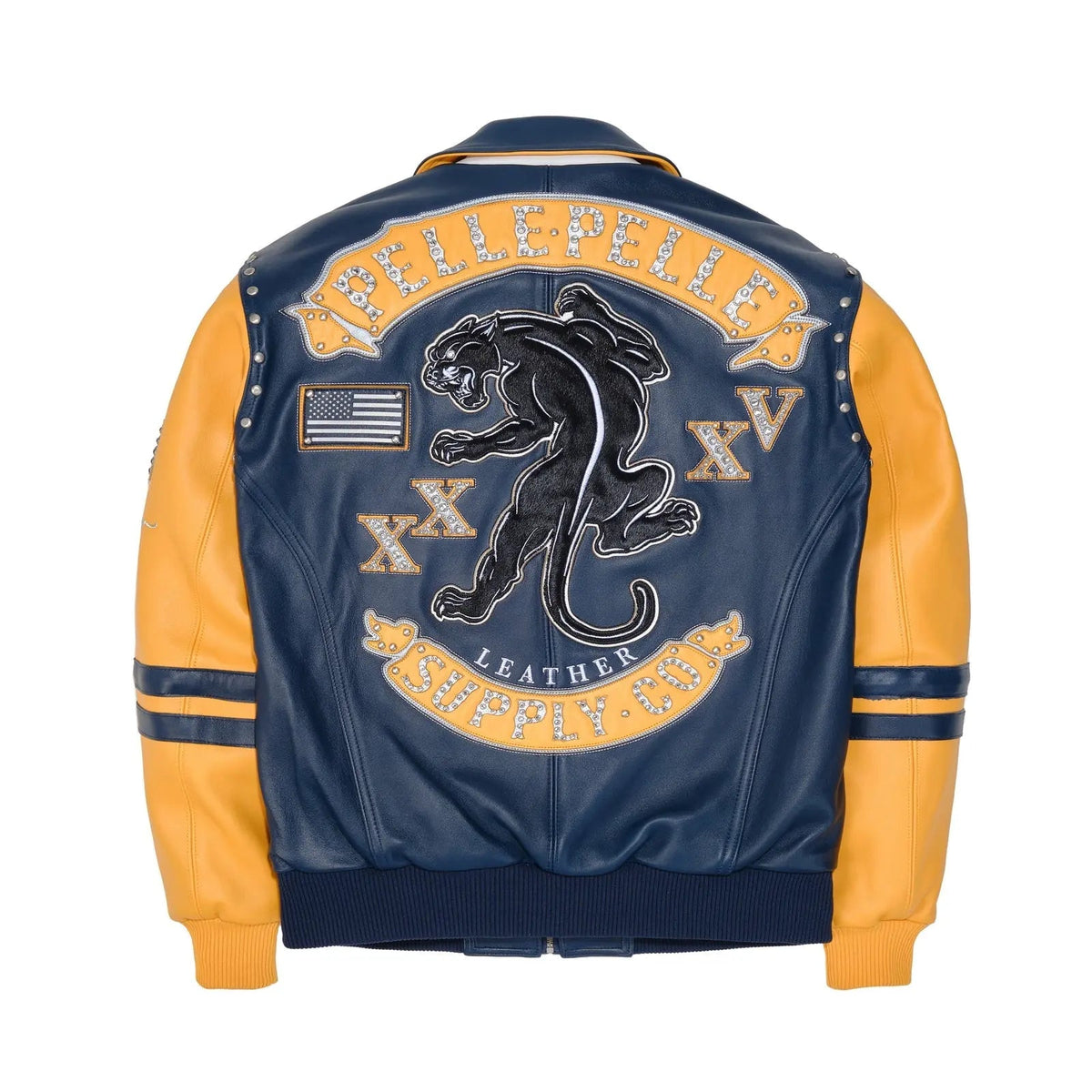 Pelle Pelle Panther Varsity Jacket for Men – Premium Cowhide Leather in Navy & Yellow with Embroidered Patchwork - Leather taboo