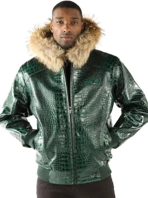 Men’s Pelle Pelle Green Croc Embossed Cowhide Leather Jacket with Fur Collarleathertaboo.com