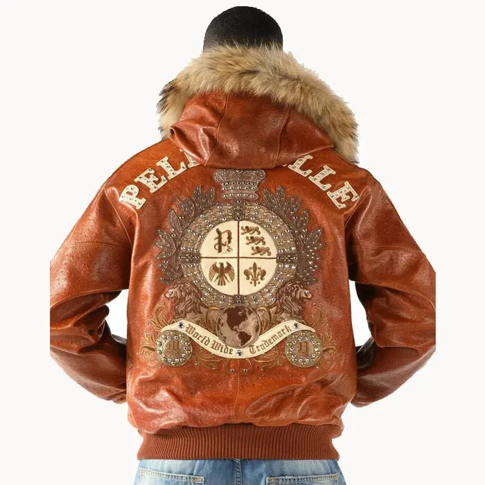 Pelle Pelle Men's  Dark Brown Crest Fur Hooded Leather Jacket