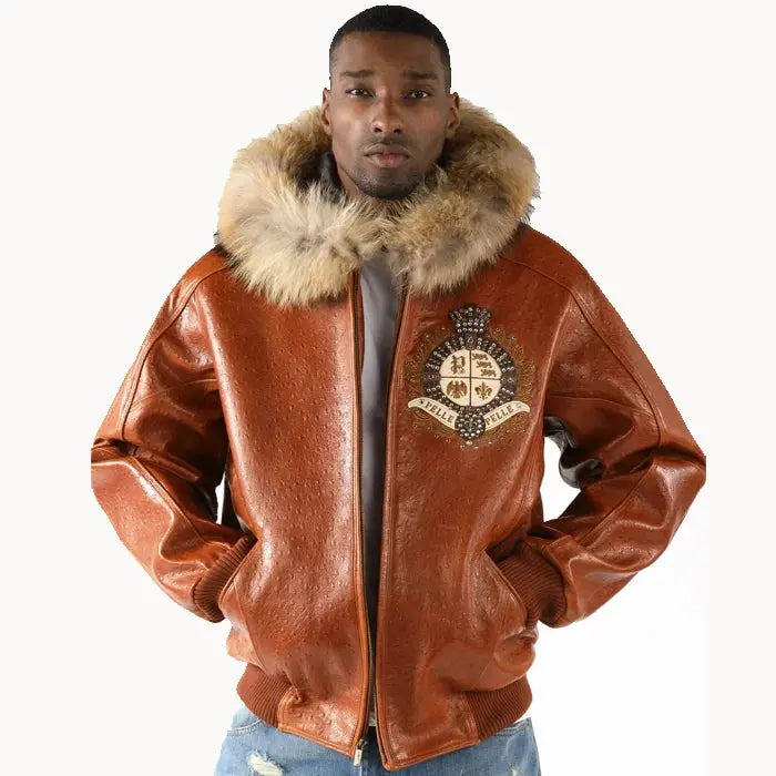 Pelle Pelle Men's  Dark Brown Crest Fur Hooded Leather Jacket