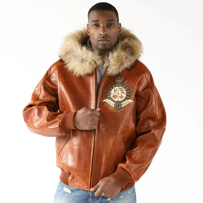 Pelle Pelle Men's  Dark Brown Crest Fur Hooded Leather Jacket