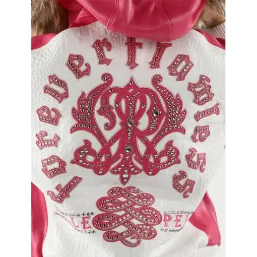 Women's White Pink Fur Hood Leather Jacket, hood detail 2
