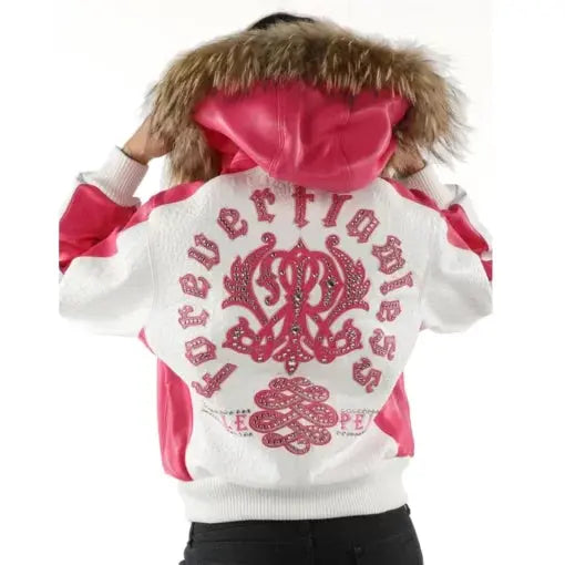 Women's White Pink Fur Hood Leather Jacket, hood detail