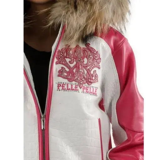 Women's White Pink Fur Hood Leather Jacket, hood detail 3