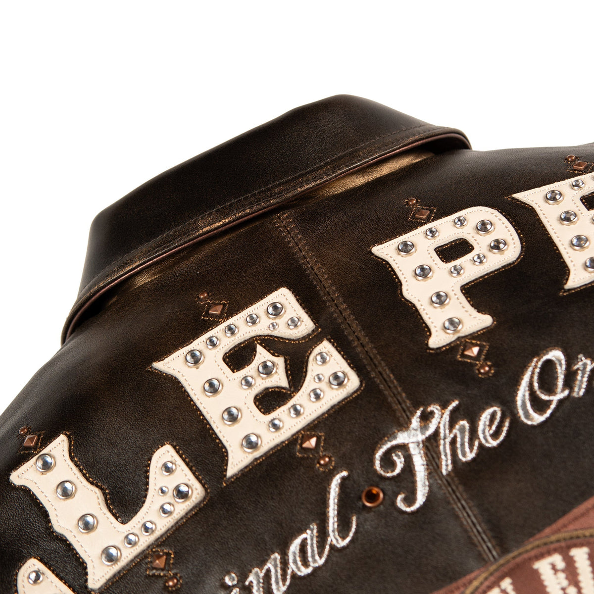 genuine cowhide leather, distressed antique-brown finish with lighter rub-through at the seams and edges