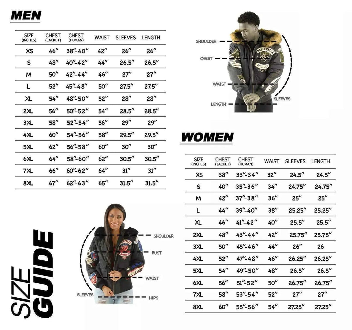 Leather Taboo jacket size chart, sizes XS to 8XL