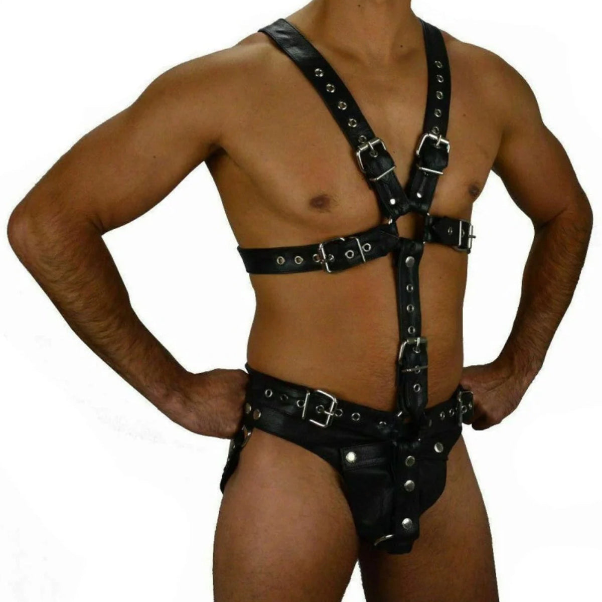 Premium Handmade Real Leather Full Body Harness with Jock – Adjustable Black Fetish Wear - Leather taboo