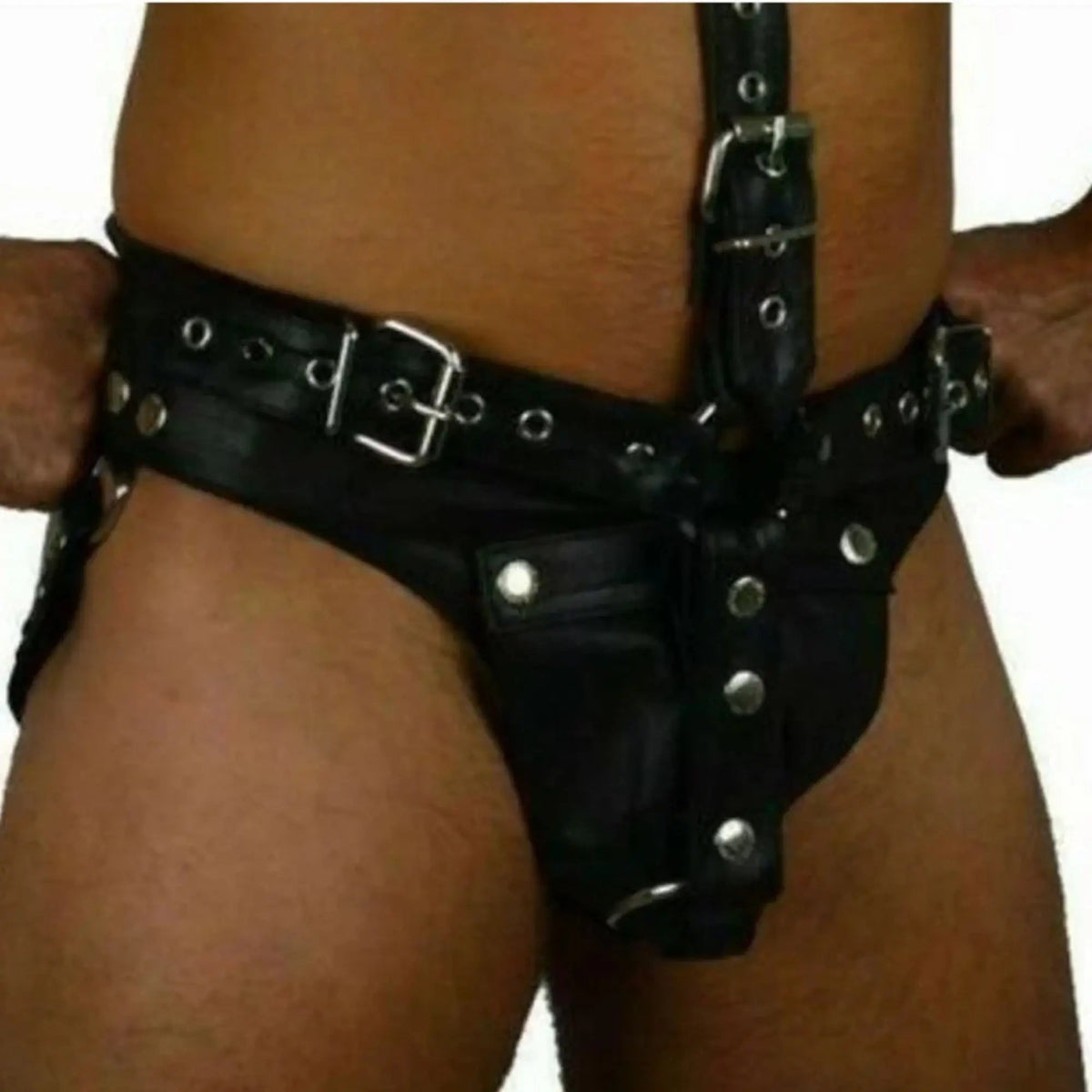 Premium Handmade Real Leather Full Body Harness with Jock – Adjustable Black Fetish Wear - Leather taboo