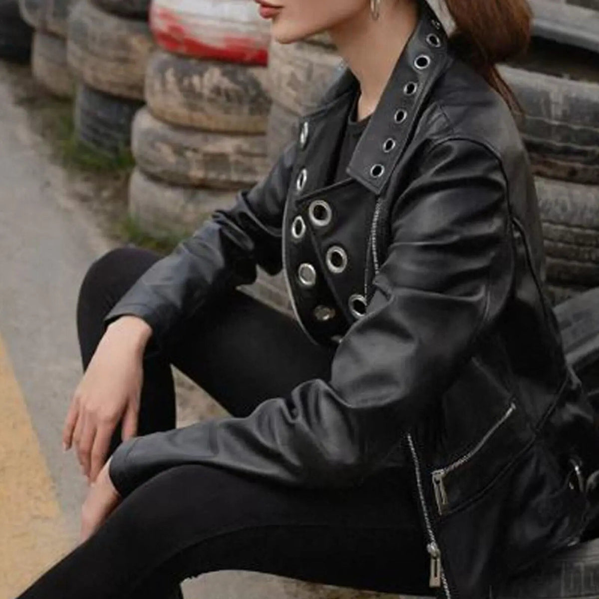 Women's Real Genuine Leather Motorcycle Black Slim Fit Zipper Biker Jacket, side view