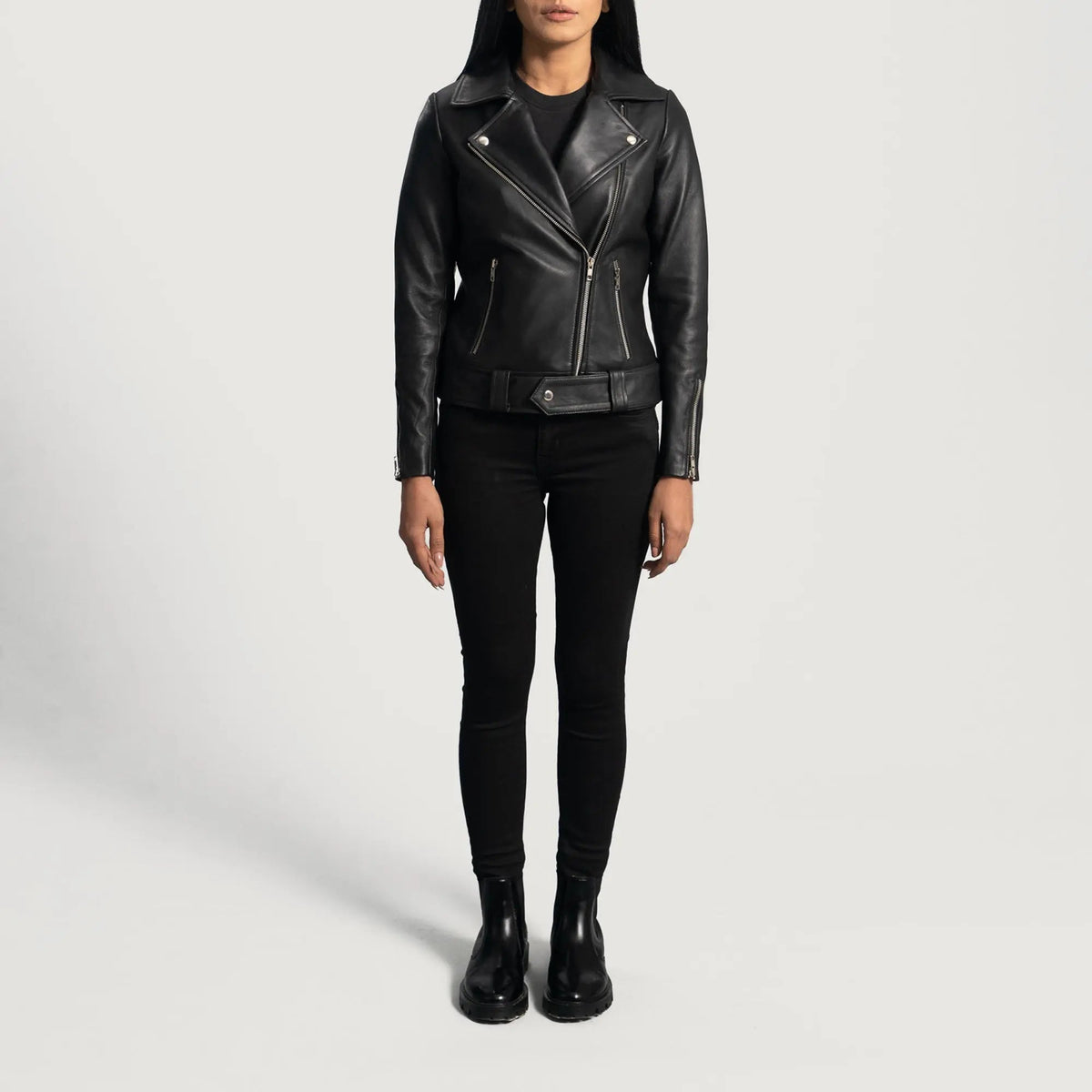Rumy Black Leather Biker Jacket, front view