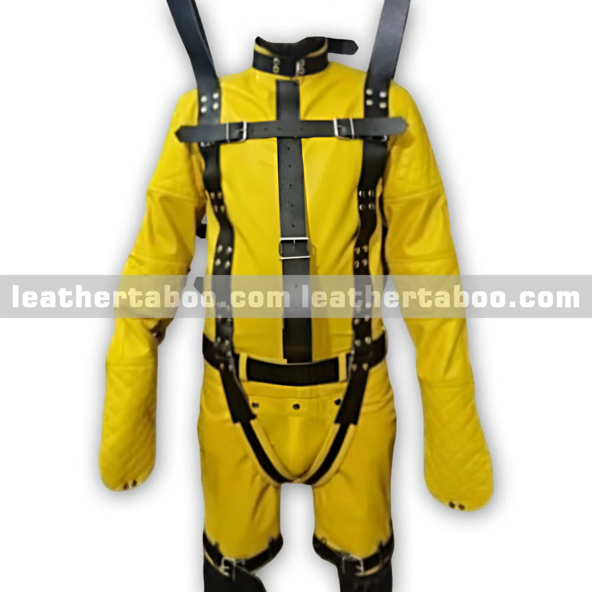 Heavy Duty Yellow Bondage Restraint Suit with Black Leather Straps – Full Body BDSM Gear - Leather taboo