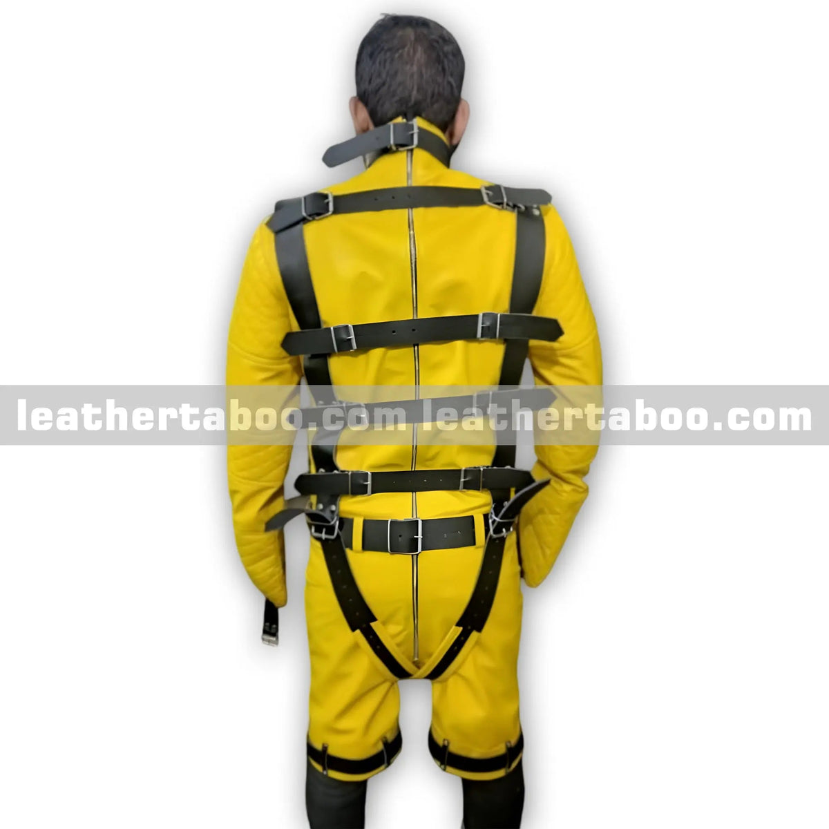 Heavy Duty Yellow Bondage Restraint Suit with Black Leather Straps – Full Body BDSM Gear - Leather taboo