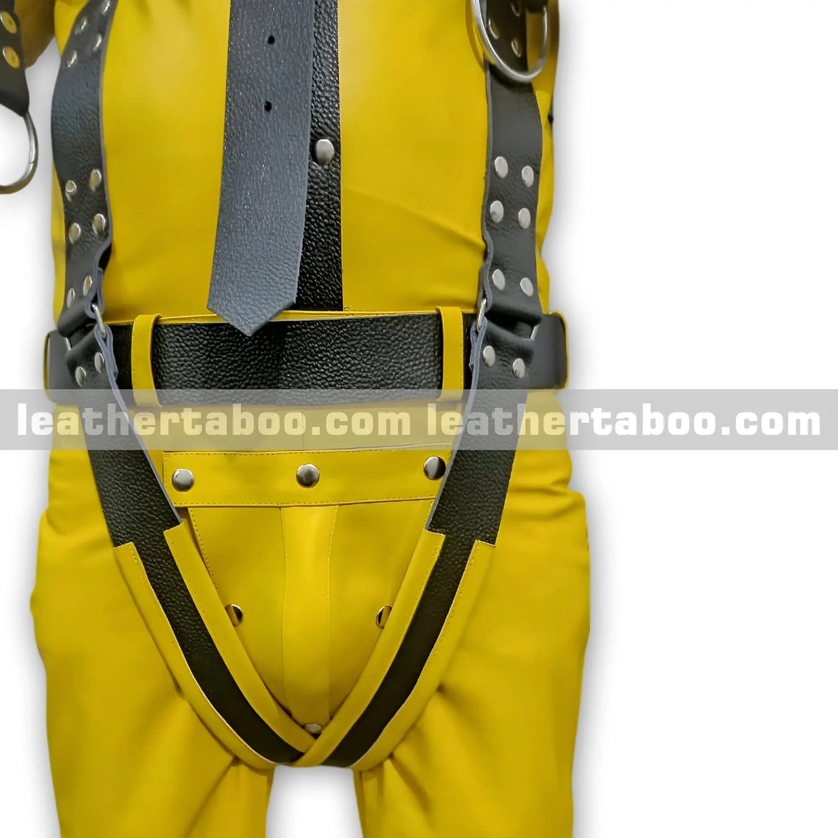 Heavy Duty Yellow Bondage Restraint Suit with Black Leather Straps – Full Body BDSM Gear - Leather taboo