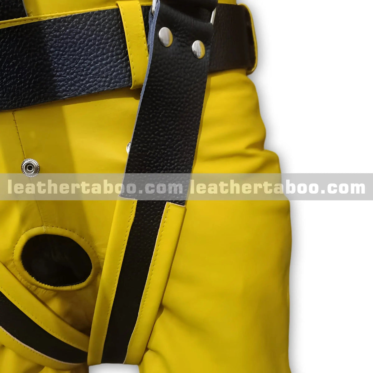 Heavy Duty Yellow Bondage Restraint Suit with Black Leather Straps – Full Body BDSM Gear - Leather taboo