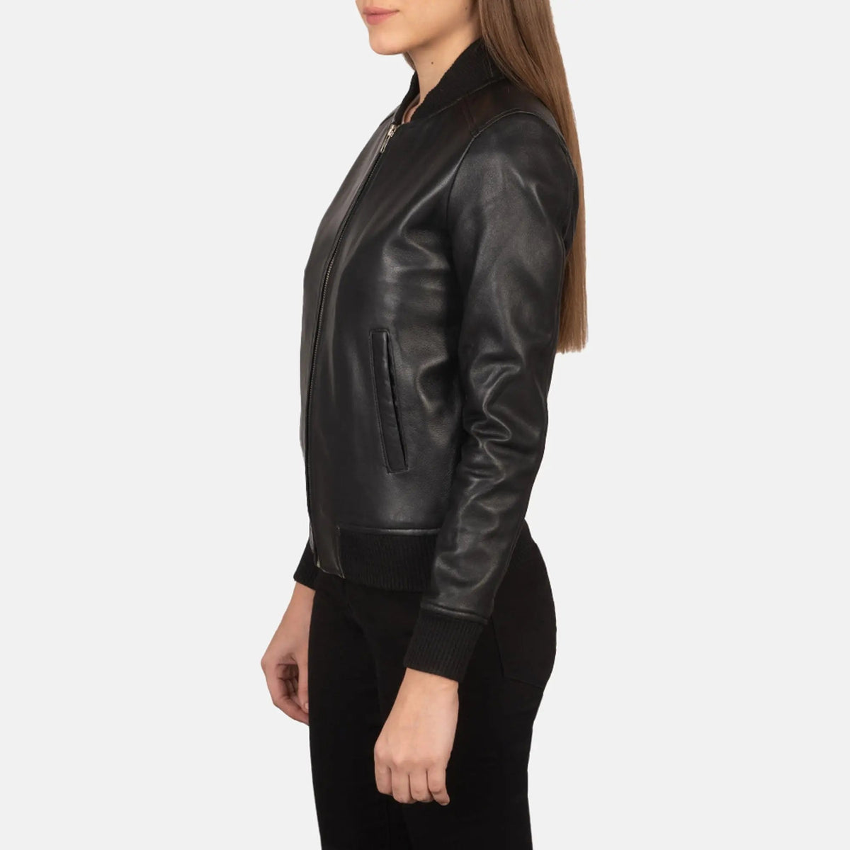 Bliss Black Leather Bomber Jacket, side view