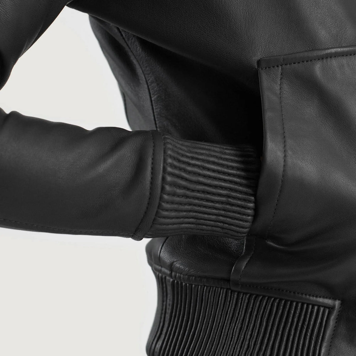 Luna Black Hooded Leather Bomber Jacket, hood detail