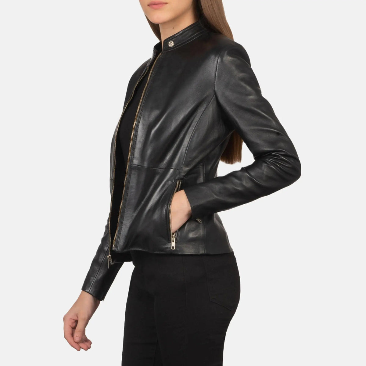 Rave Black Leather Biker Jacket, side view