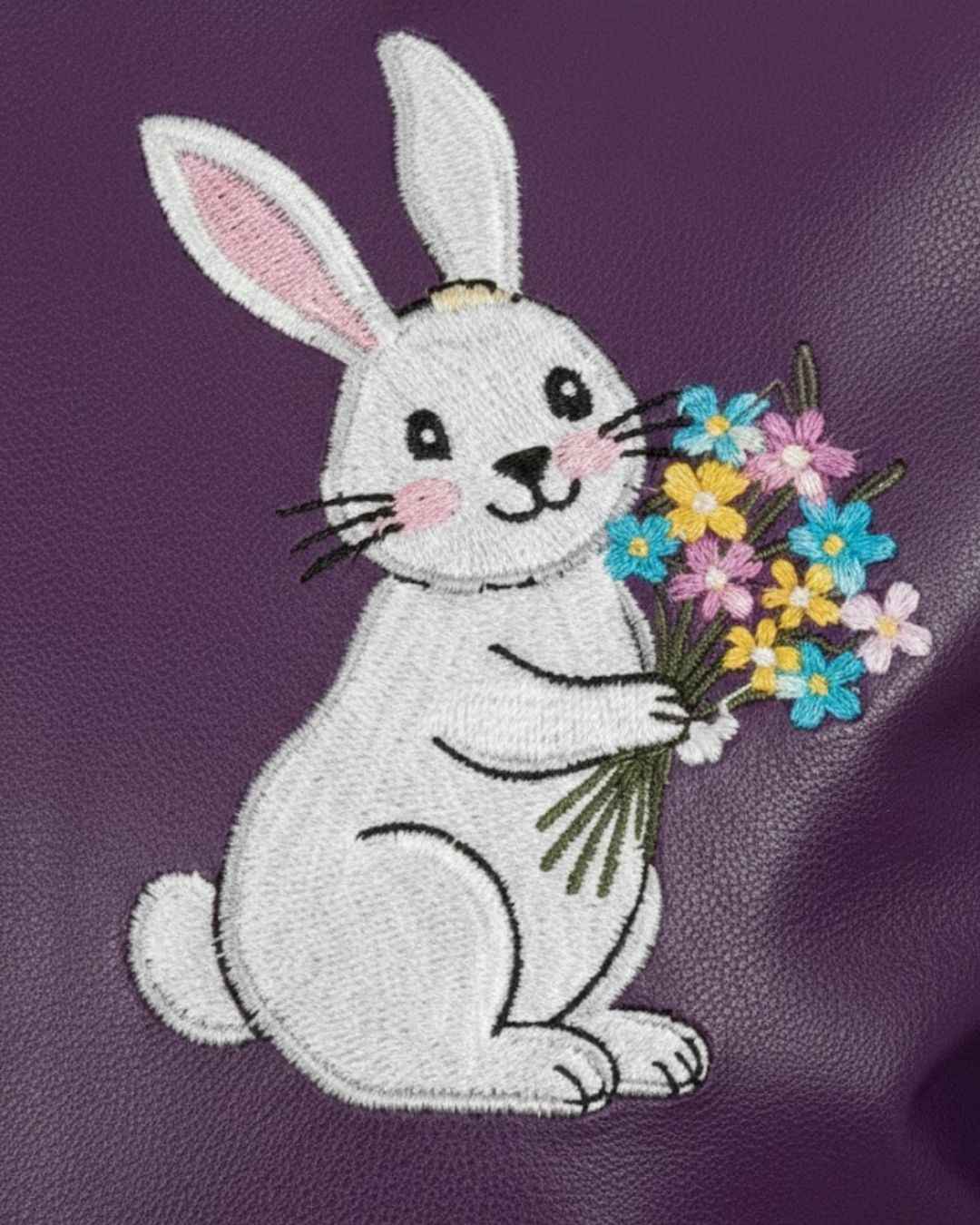 Two-Tone Leather Jacket with Floral Rabbit Embroidery, embroidery detail 4