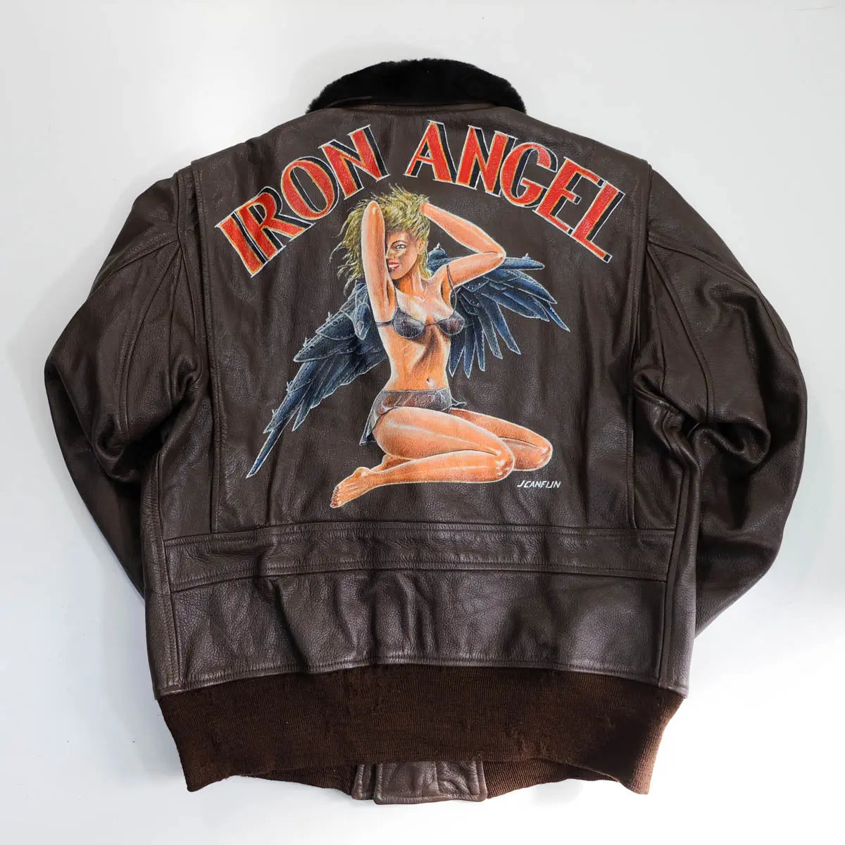 Vintage Brown Genuine Leather G-1 Flight Jacket With Custom Iron Angel Artwork, back view