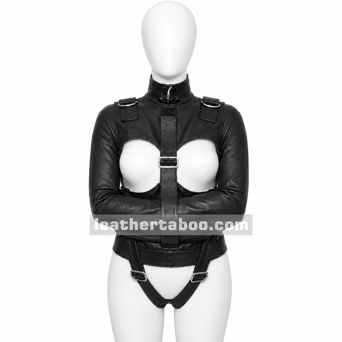 Front view of a women's black cowhide leather straitjacket with open chest cutouts, crossed sleeves, collar O-ring, shoulder D-rings and buckle straps.