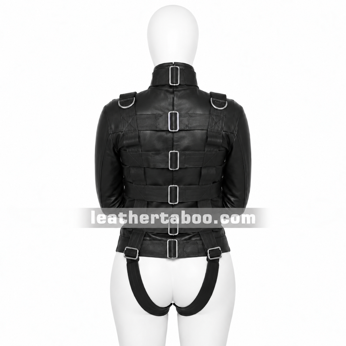 Back view of a women's black cowhide leather straitjacket with vertical and horizontal buckle straps, shoulder D-rings, waist belt and leg straps.
