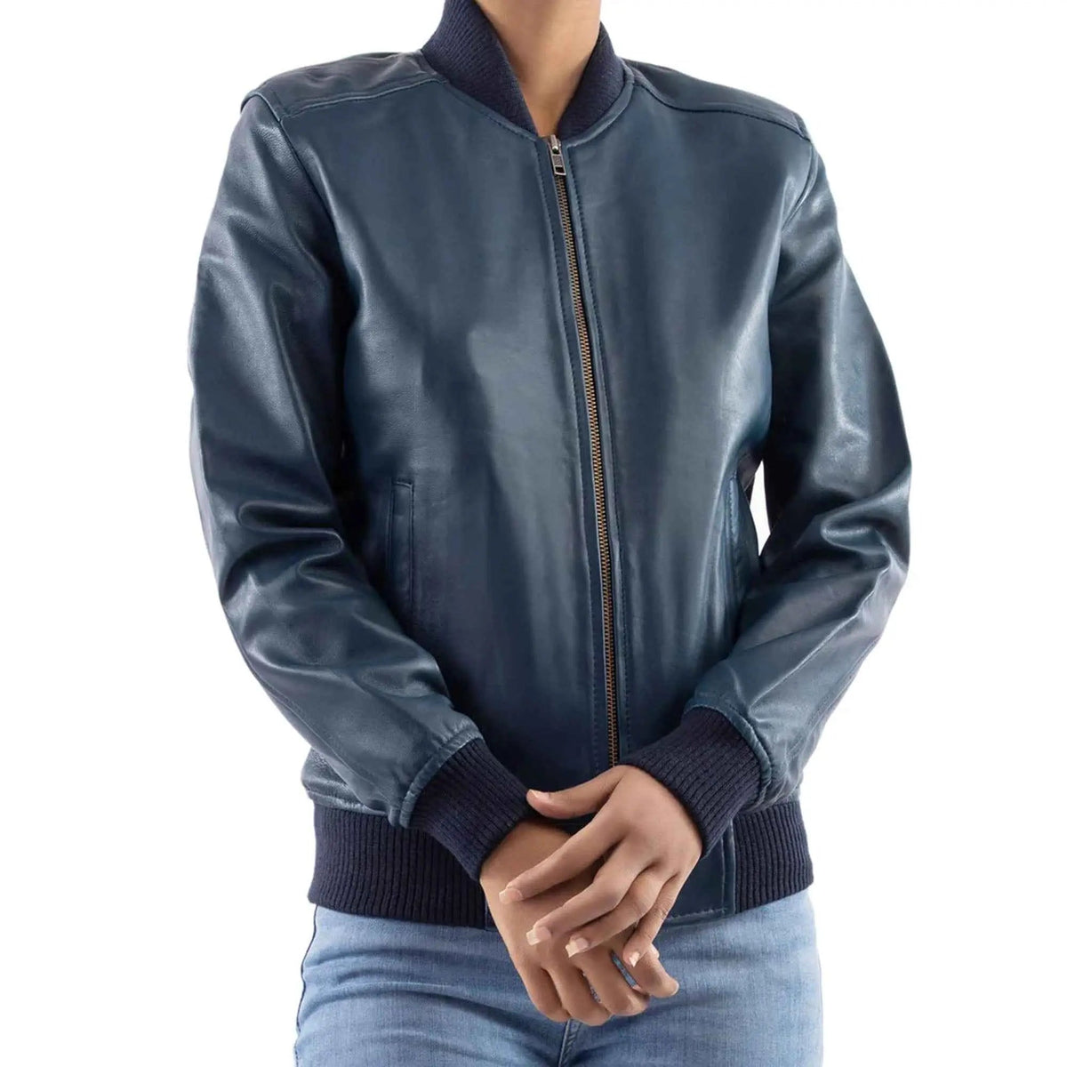 Women's blue leather bomber jacket 